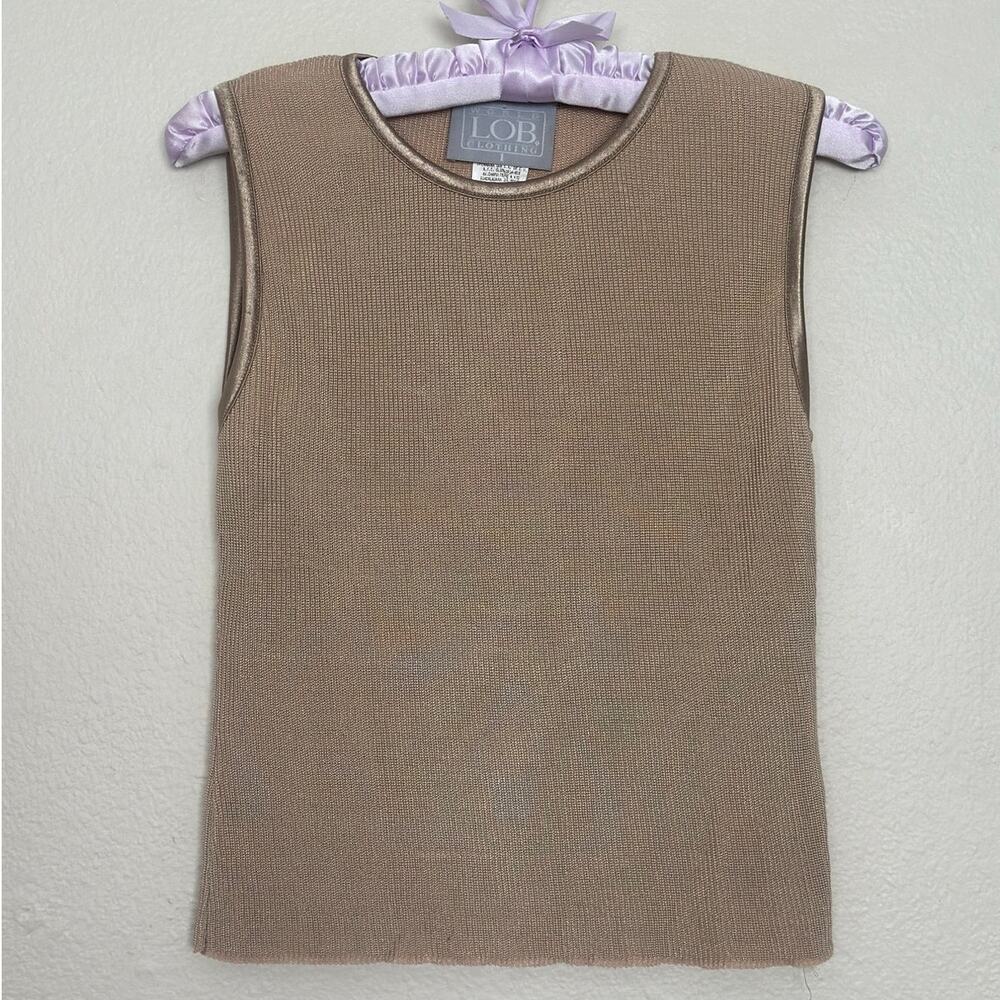 Vintage 90s LOB World Clothing Knit Cotton / Rayon Tank Top Satin Trim Tan Beige